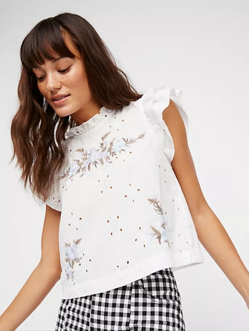 Free People White Eyelet Top with Blue Floral Embroidery